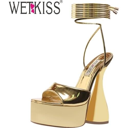 WETKISS Platform Peep Toe Slingback Sandals Lace Up Cylinder Platform Heels 2021 Shoes Female Open Toe Summer Sandals Shoes