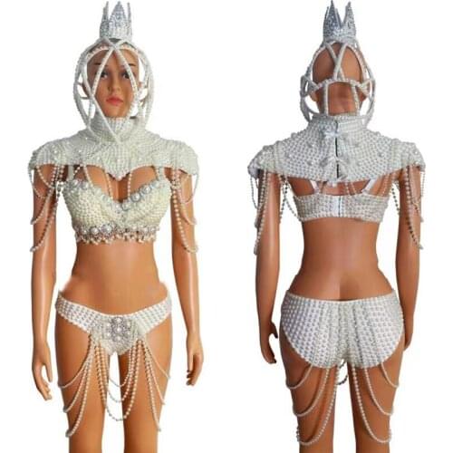 Sexy Pearls Fringed Bikini Rave Stage Headdress White Tassel Bodysuit Gogo Costume Carniva Festival Clothes Rave Outfits XS2408