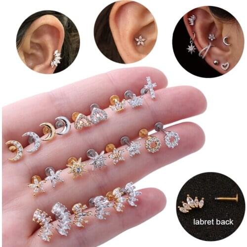 1PC 16G Crystal Circle Moon Star Crown Lip Labret Barbell Cartilage Ear Piercing Conch Helix Stud Earring