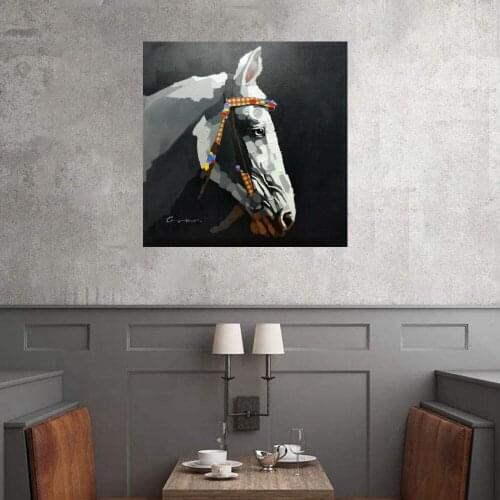 Nordic Oil Paintings Hand Painted Cool Horse Black Background Oil Canvas Painting for Office Lobby Gym Wall Decor Animal Artwork