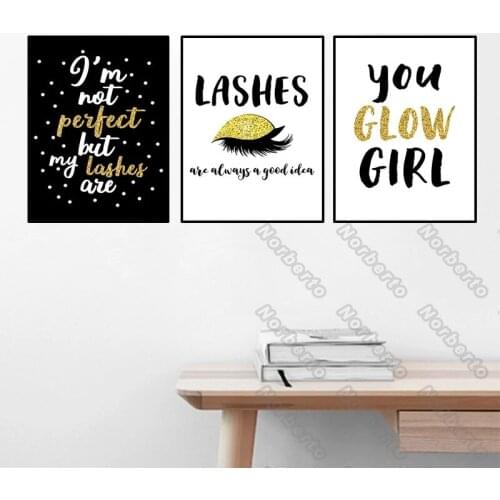 Modern Fashion Canvas Painting Poster Black and White Background Womans Lashes Quota You Glow Girl for Home Rooms Wall Decorati