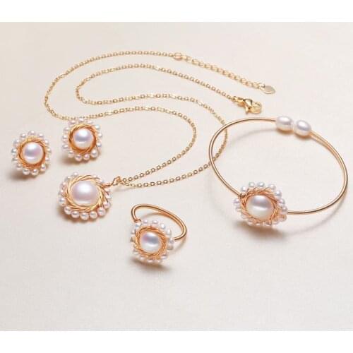 Wedding Jewelry Set Flower Shape Fashion Freshwater Pearl Necklace Bangle Ring Earrings Set for Young Lady, 5 sets/lot