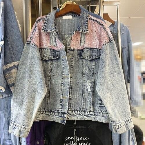 Hole Ripped Letter Sequins Loose Vintage Womens Denim Jackets Long Sleeve Single Breasted Korean Casual Street Oversize Coats