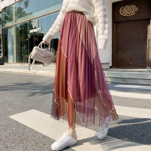 2021 Women Summer Autumn Mesh Long Pleated Skirt Elastic High Waist Patchwork A-line Midi Skirts