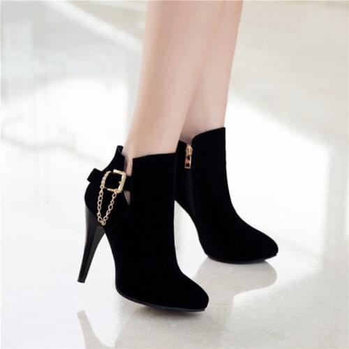Chic Gold Metal Chain Buckle Boots Women Flock Velour Velvet Ankle Boots Woman Stiletto Heels Pointed Toe Red Blue Black Shoe 50