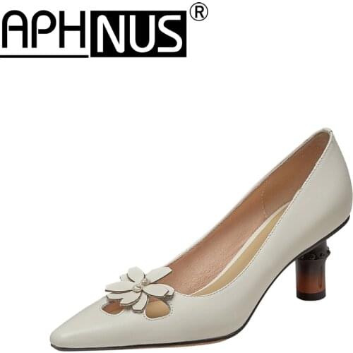 APHNUS Womens Shoes Flowers Mid High Heels Pumps Woman 2021 Shoes For Women New Pointed Toe
