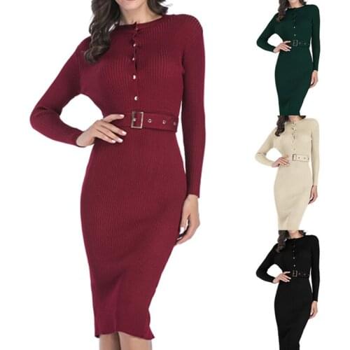 Winter Ladies Fashion Long Sleeve Button Back Split Sweater Dress Elegant Solid Ladies Dresses Vintage Dress Noodles New Arrival