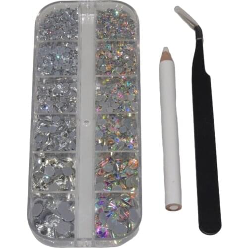 12 Grids 2400pcs Nail Rhinestones Glitter Hot Fix Diamond Mix Size Colorful rhinestones glass With Wax Pen And Tweezers
