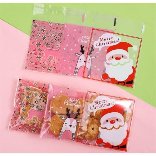50/100Pcs Christmas Plastic Candy Cookie Biscuits Packaging Bag Adhesive Christmas Gift Bags for Christmas Party Decorations