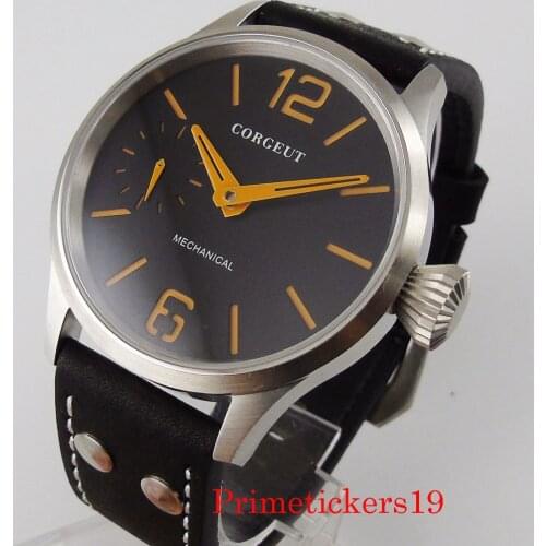 CORGEUT 44mm mechanical 17 jewels hand winding movement men watch brushed case leather strap