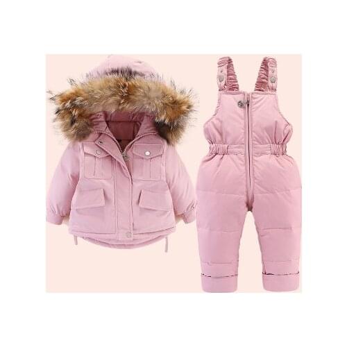 2020 Hot 2Pcs Set Baby Girl Winter Down Jacket Jumpsuit for Children Thicken Warm Fur Collar Jacket for Girls Infant Snowsuit