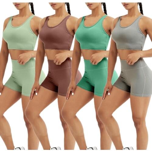 2 Pcs Women Sexy Yoga Outfits Set Adults Solid Color U-shaped Neck Cross Strap Tank Tops + Butt Lift Shorts Sportswear Set