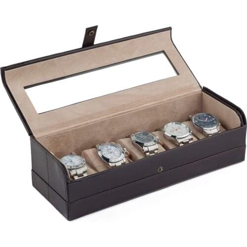 CORDAYS Watch Box for 5 Gentlemen Watches - Glass Display Case & Secure Button Lock. Handcrafted watchbox in PU Leather
