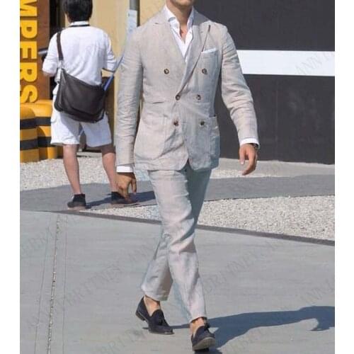 ANNIEBRITNEY Light Grey Linen Summer Casual Men Suit Slim Suit for Men Suit Party Wedding Groom Suit Custom Beach Men Suit Set