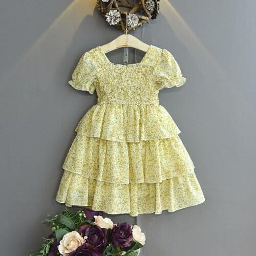 2021 Summer Girls Dress Yellow Pink Flower Dress Princess Style Child Skirt for Girls Lovely Clothes for Children