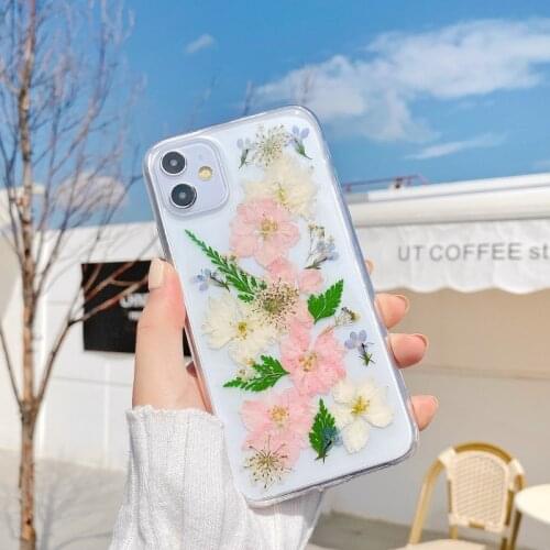 Fashion Luxury Glitter real Dry pressed Flower phone case For iphone 12 Mini 11 Pro XS MAX X XR SE 6S 7 8 plus clear TPU cover