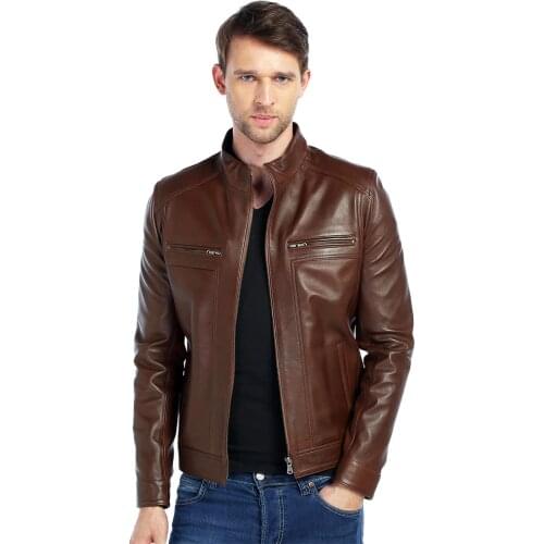 Genuine Soft Leather Handmade Brown Man Jacket Biker Style High Quality Lambskin Metal Zipper Autumn Gift For Valentines Day