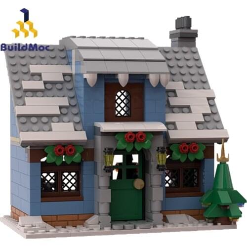 BuildMoc Christmas Village Tree House Santa Claus Winter Cottage Set MOC City Building Blocks Bricks Christmas Toys For Children