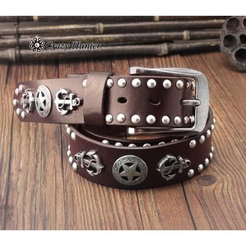 New Cool Mens Biker Punk Studded Rivet Cowhide Leather Belt Jeans Western