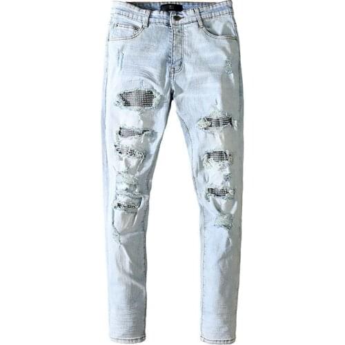 New fashion casual male trousers 2021 light-colored ripped mens jeans for men slim pants with diamond patches denim pants