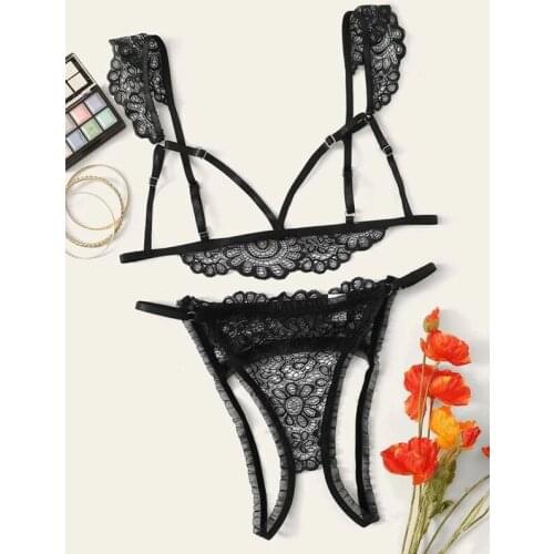 Pyjamas women sexy lingerie New Women Plus Size Lace Lingerie Bra+Thong Underwear Set Black Sleepwear pajamas for women пижама