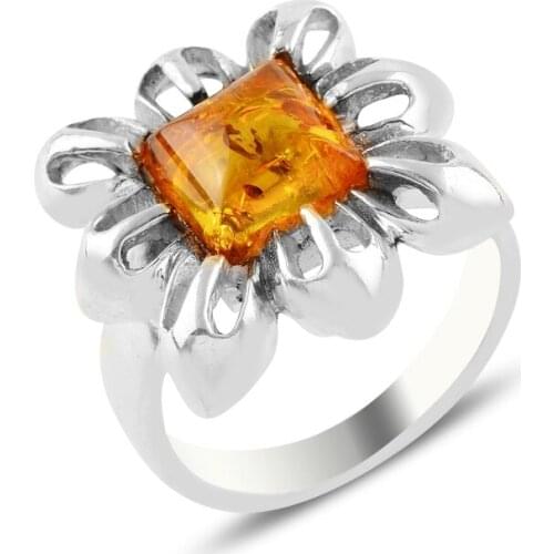 Silver 925 Sterling Natural Amber Gemstone Ring