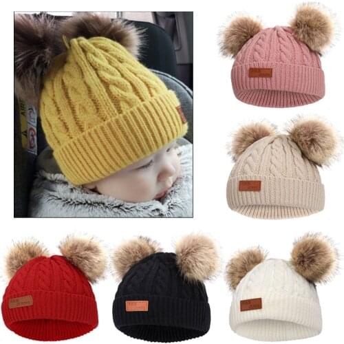 Boys Girls Pom Poms Hat Thick Warm Winter Soft Cotton Knitted Beanies