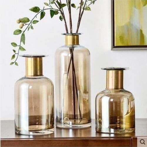 Modern Bright Tawny With Copper Ring Glass Vase Hydroponic Dried Flowers Glass Containers Home Wedding Decoration Accesories