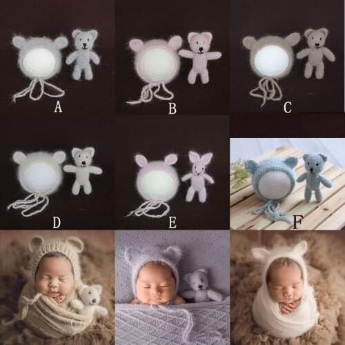 Newborn Knit Teddy Bear Hat and toy Set Photography Props Angola Knitted Boy Hat Baby Stuffer Animal Toy Photo Props