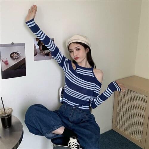 Kniteed Sweater for Women Off-the-Shouder Short and Stripe Halter Caftan Slim Fit Fashion Spring Autumn Warm High Quality
