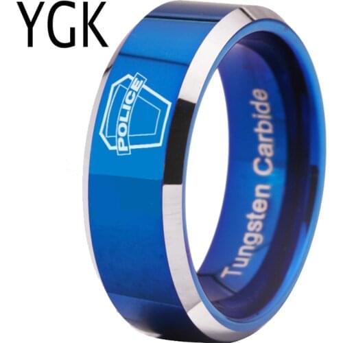 YGK Jewelry Police Ring Cop Ring Blue With Silver Bevel Tungsten Rings for Mens Bridegroom Wedding Engagement Anniversary Ring