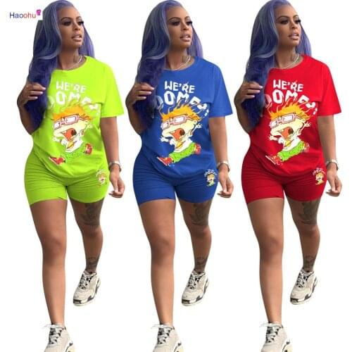 HAOOHU Womens Clothing New Style Summer Womens solid Color Letter Cartoon Printing Casual Two-piece Suit