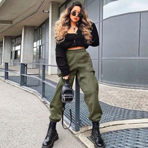 2020 Spring Summer Women High Waist Trousers Solid Casual Loose Cargo Pants Sweatpants joggers Black Pantalones Streetwear Femme