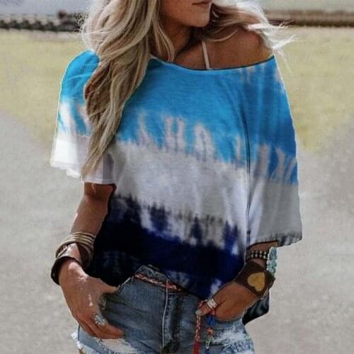 Single Shoulder Strap Woman T-Shirts Skew Collar Tie-dye Printed T Shirt Women Patchwork Summer Tops Short Sleeve T-Shirt