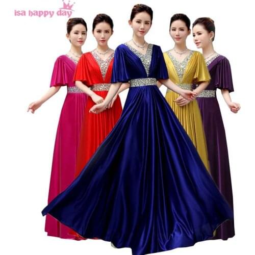 Ladies royal blue red cap sleeved women bridesmaids long bridemaid floor length dresses beaded bridal gown dress women B3941