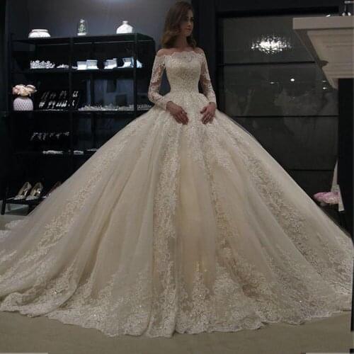 Ivory Lace Appliques Beaded Boat Neck Princess Women Bridal Ball Gown Long Sleeves Tulle Wedding Dresses Robe De Marriage 2021