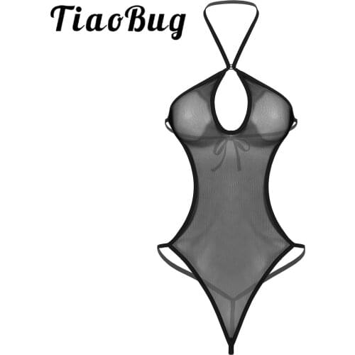 Womens Hot Sexy Lingerie See-through Halter Neck Keyhole Mesh Bodysuit Backless Leotard Underwear Nightwear for Lingerie Party