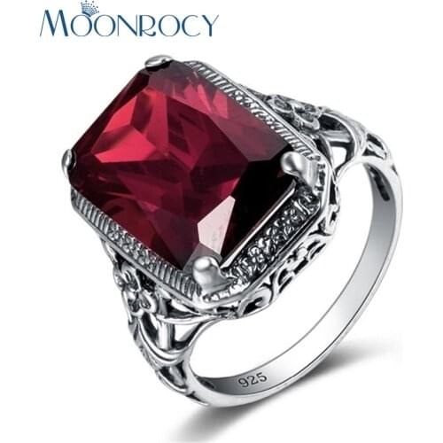 MOONROCY Drop Shipping Jewelry Vintage Silver Color Cubic Zirconia Party Red Crystal Ring for Women Girls Party Gift