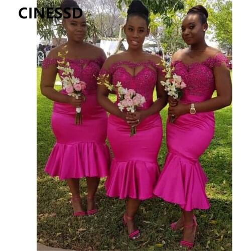 2021 African Black Women Off Shoulder Wedding Party Dress Mermaid Bridemaid Dresses Lace Appliques Satin Women Bridemaid Dress