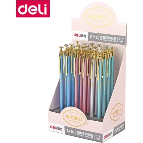 24PCS/LOT Deli s716 Mechanical pencil Automatic pencil Diamonds style head 0.5mm HB Metal case pencil mixed color wholesale