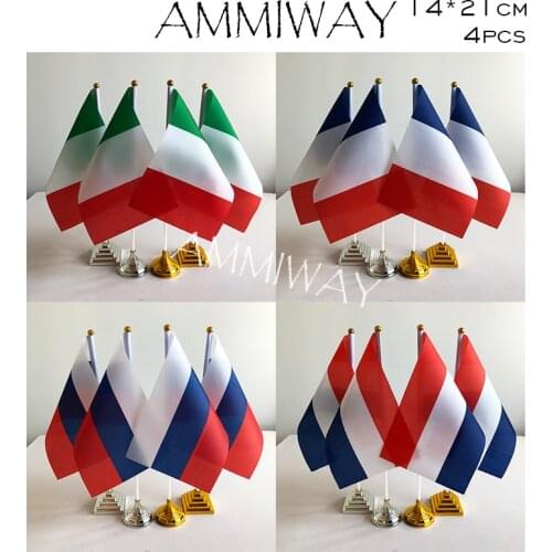 AMMIWAY 14x21cm 4pcs Italy France French Table Flags Russia Russian Federation Netherlands Desk Flag with Plastic Base Stand