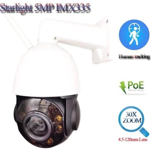 5MP H.265 30X Optical Zoom Starlight Wireless IP PTZ POE Network Camera Wifi IPcam, 90X Onvif Sony IMX335 Human Detection