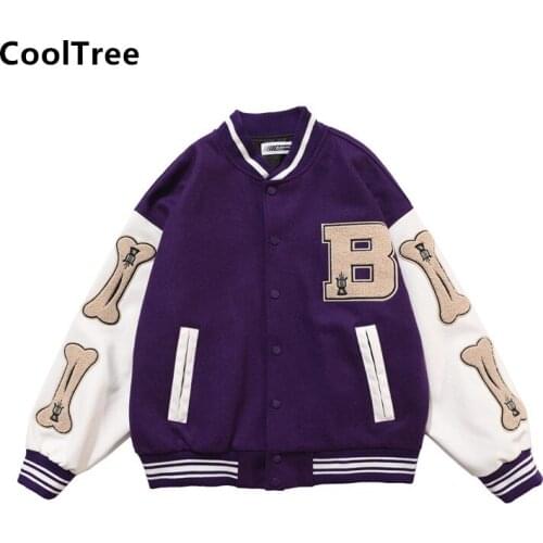 CoolTree Baseball Jackets Men Women Furry Bone Embroidery Patchwork Block Coats Unisex Harajuku Streetwear Hip Hop Bomber Jacket