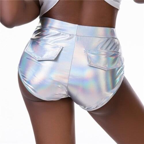 Shiny Wet Look Patent Leather Holographic Shorts With Pockets Outline Elastic Waist Harajuku Sexy Lady Night Club Hot Shorts