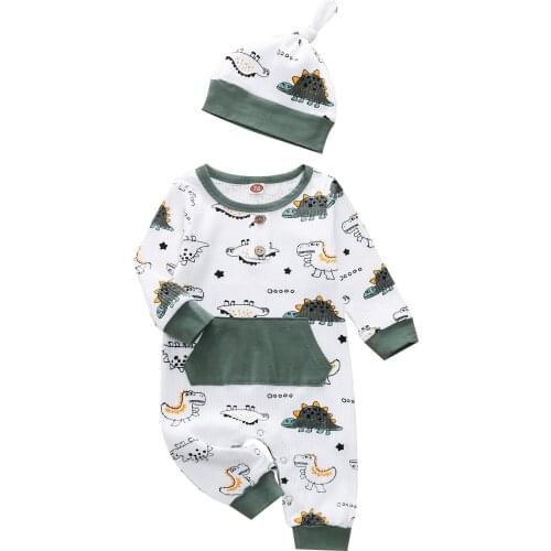 Baby Romper with Cap Kids Dinosaur Print Round Neck Long Sleeve Jumpsuit with Pocket+ Hat 0-24 Months