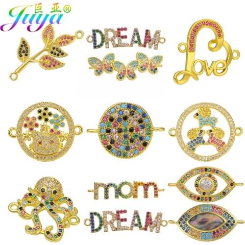 Juya Handmade Micro Pave Zircon Leaf Heart Evil Eye Butterfly Connector Charms Accessories For DIY Bracelet Jewelry Making
