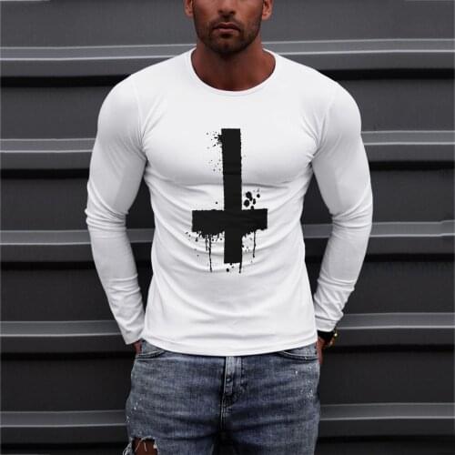 40# T-shirt Men Slim Casual O Neck Vintage Printed Long Sleeve T-shirt Top Oversized Sports Muscle Mens Clothing Футболка