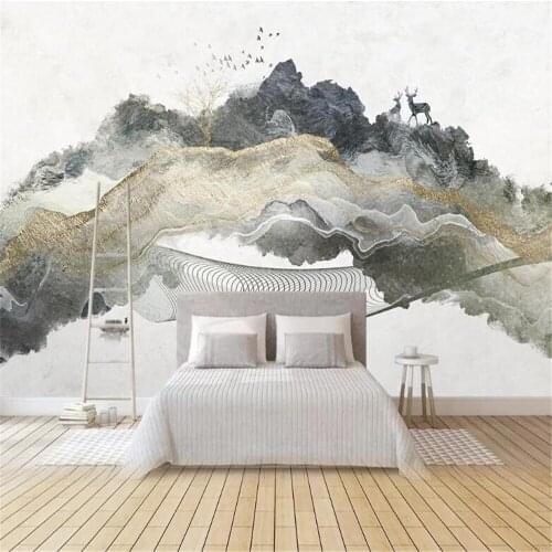 Milofi New Chinese Abstract Zen Ink Landscape Gold Line Elk Large Mural Wallpaper Background Wall