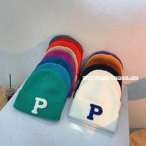 Pure Color Woolen Caps For Men And Women With Big Letter P Patch Thickened Warmth Knitted Cold Cap Knitted Cap Women Woolen Hat