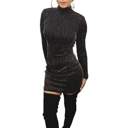 Hot Women Sequins Black Dress Sequined Long Sleeve Tassel Bodycon Party Club Cocktail Evening Dress